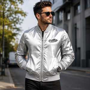 Custom <b>Men's</b> Silver Satin Bomber <b>Jacket</b> Stand Collar Embroidered Front Logo <b>Pullover</b> Closure Casual Winter Streetwear - Product Image 1