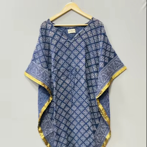 Caftán de Algodón Puro Ecológico con Estampado Bagru, Estampado a Mano, Estilo Indio, para Verano, Playa, o como Pareo, Cómodo, Largo hasta el Suelo - Product Image 1