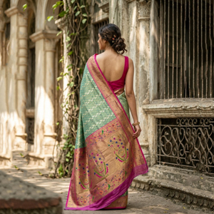 Sari en soie vert marine avec un riche motif tissé Zari |   Tenues traditionnelles indiennes pour femmes pour les mariages et les fêtes de Diwali - Product Image 3