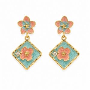 Pendientes de moda para mujeres y niñas, diseño floral rosa y azul antideslustre con piedra simulada, ligeros - Product Image 2