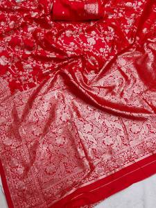<b>Red</b> <b>Silk</b> Banarasi Saree with Floral Print for Women Traditional Wedding Party Wear Saree with Blouse Buy Direct From Supplier - Product Image 3