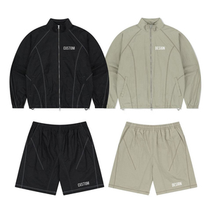Men Lightweight Nylon <b>Jacket</b> Short Set Minimal <b>Techwear</b> Full Zip Track Top Relaxed Fit Streetwear Two Piece Casual Summer Outfit - Product Image 1