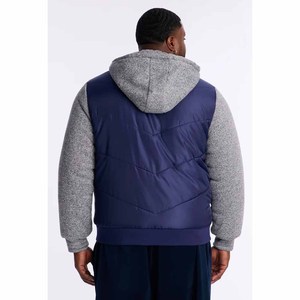 Men's <b>Hooded</b> Blue Quilted <b>Puffer</b> Vest Style <b>Jacket</b> Grey Fleece Sleeves <b>Waterproof</b> Eco-Friendly Winter Casual Streetwear <b>Jacket</b> - Product Image 2