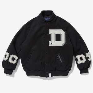 <b>Men's</b> Black <b>White</b> Varsity <b>Jacket</b> Embroidered Logo Preppy Style Autumn Wear Regular Fit Turn-down Collar - Product Image 1