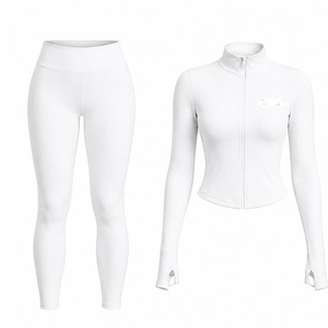 Conjunto de Yoga para Mujer con Logotipo Personalizado, 2 Piezas, Top de Manga Corta con Cierre y Leggings de Cintura Alta, Ropa Deportiva para Gimnasio y Entrenamiento - Product Image 2