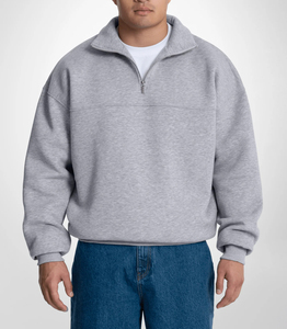 Sudadera Personalizada para Hombre, Gris, con Cierre de Cremallera de un Cuarto, Cuello Alto, Corte Regular, Informal, de Color Sólido, Tejido de Felpa Francesa, para Invierno - Product Image 2