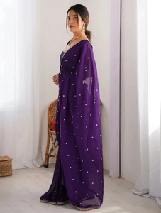 Sari indio de seda bordado con estampado de lunares, estilo fiesta, con diseño reversible y protección solar - Product Image 3