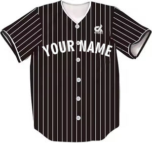 Camiseta de Béisbol Personalizada 2025 con Rayas Negras, Cuello en V Blanco, Uniforme de Equipo con Botones, Nombre y Número Personalizados, Estilo Profesional, Venta al Por Mayor - Product Image 2