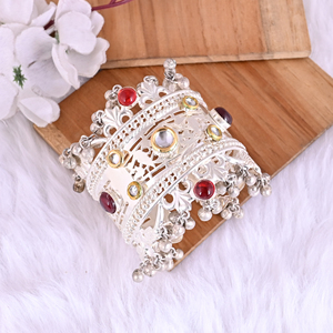 Garnet Hydro & <b>Red</b> Hydro Kundan Ethnic Cuff <b>Bracelet</b> | Silver Plated Brass Jewelry - Product Image 3