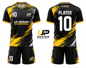 ชุดเสื้อฟุตบอลสีดำเหลืองแบบกำหนดเอง, เสื้อและกางเกงฟุตบอลแบบซับลิเมชั่นสำหรับผู้ชาย, ชุดกีฬาทีมขายส่งจากโรงงาน - Product Image 2