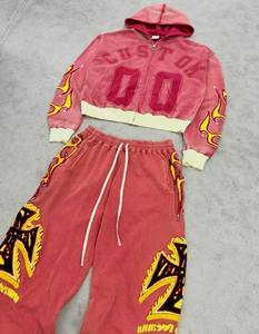 Custom Embroidery Print Sweatpants and Hoodie Set Y2K 2 Pieces Set Custom <b>Enzyme</b> Washed Oversized Cropped Zip up Hoodie Sets - Product Image 2