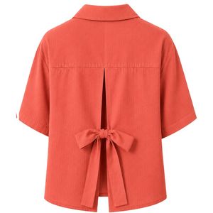 Customized Coral Embroidered Women Crop Shirt Short Sleeve Button Down Casual Summer Blouse Custom Logo <b>Linen</b> Blend Fashion <b>Top</b> - Product Image 2