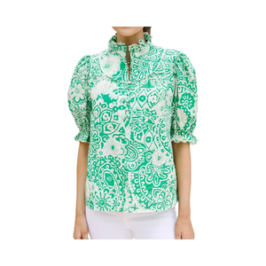 เสื้อผู้หญิงสไตล์เรโทรลายดอกไม้ฤดูร้อน คอปกทรงกลีบบัว แขนพอง ผ้าไม่ทอ สไตล์โบฮีเมียนลำลอง - Product Image 1