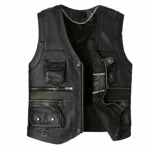 Gilet en cuir véritable SALVA pour homme, col en V, simple boutonnage, couleur unie, vêtement d'extérieur décontracté pour l'hiver, coupe classique, style motard - Product Image 1