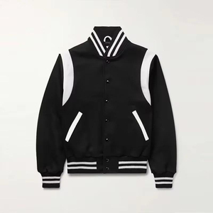 Men's Black Varsity <b>Jacket</b> With <b>White</b> Accents Preppy Style Regular Fit Autumn Wear Button Closure Turn-down Collar - Product Image 1