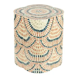 Scalloped Fan Pattern Cylinder <b>Stools</b> Mother of Pearl Handcrafted Mosaic Small Side Table For Living Room <b>Bedroom</b> Decor - Product Image 2