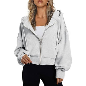 Women <b>Cropped</b> Zipper Hoodies Long Sleeve Hooded Tops Casual Cotton Fleece <b>Zip</b> <b>Up</b> Style Relaxed Fit Street Everyday Wear - Product Image 1
