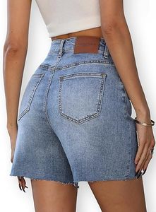 Shorts de mezclilla de cintura alta con dobladillo deshilachado y pierna ancha para mujer, shorts de jean casuales de moda para verano - Product Image 2