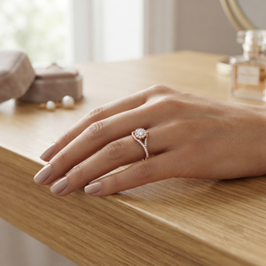 Anillo de oro rosa con diamante cultivado en laboratorio y halo, con accesorios de tallo lateral extendido, joyería de alta moda brillante, regalos. - Product Image 1