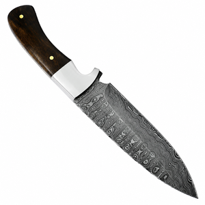 Couteau à lame fixe à manche en bois brun foncé, motif Damas, avec garde en argent, lame grise gravée et rivets en laiton pour l'extérieur - Product Image 3