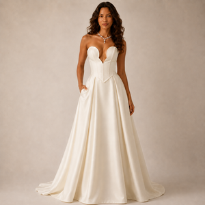 Robe de mariée élégante et moderne en satin, coupe trapèze, sans bretelles, dos lacé, avec poches |   Robe de mariée ivoire naturelle longueur cheville sur mesure - Product Image 1