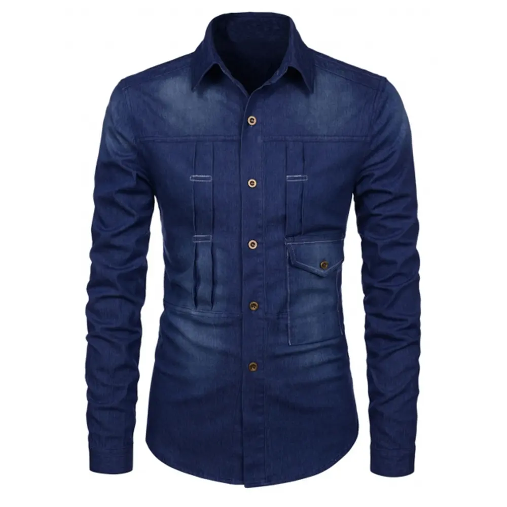 OEM Customization Long Sleeve Men Blue Cotton Denim Shirts With Pockets New Pure Cotton Shirts For Male men's clothing