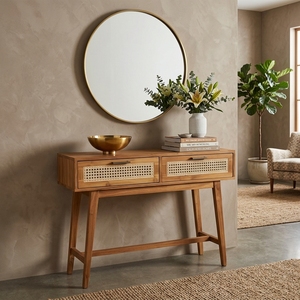 Mesa Consola Moderna de Madera de Teca Sólida y Ratán, 2 Cajones, Acabado Natural, Ensamblaje Completo, Muebles para Sala de Estar, Dormitorio, Apartamento - Product Image 6