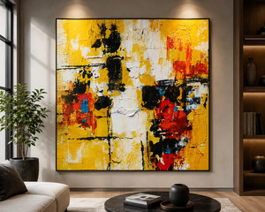 Peinture sur toile acrylique abstraite contemporaine, portrait abstrait, jaune, rouge, noir, décoration murale contemporaine, grande taille pour la maison - Product Image 3