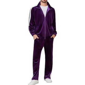 Ensemble de sport de luxe pour homme en velours violet foncé, décontracté, deux pièces, avec bande latérale blanche professionnelle - Product Image 1