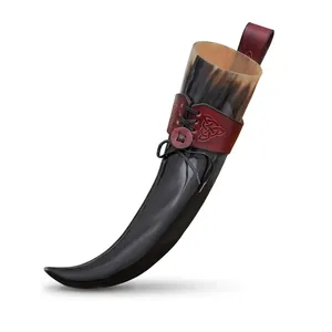 Handmade Buffalo <b>Horn</b> <b>Drinking</b> <b>Horn</b> with Red Leather Wrap and Knot Design Natural Craft Art Collectible - Product Image 2
