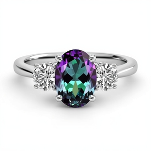 Anillo de Oro Sólido de 14K con Alejandrita de Laboratorio y Diamantes Redondos Cultivados en Laboratorio, Anillo de Joyería Fina de Tres Piedras con Alejandrita Ovalada para Mujer - Product Image 5