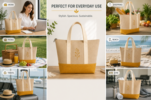 Sac fourre-tout en jute avec broderie, fermeture éclair, base moutarde, style minimaliste, doublure en coton - Idéal pour la plage, les voyages, le shopping et l'usage quotidien - Product Image 6