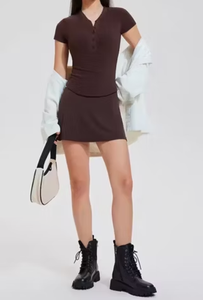 Vestido de punto de manga corta con cuello en V para mujer, color sólido, largo por encima de la rodilla, transpirable, informal, para uso diario, estilo primavera-verano - Product Image 2