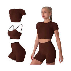 Ensemble de yoga 2 pièces pour femme, taille haute, sans couture, crop top et short, couleur unie, vêtements de sport, Spandex Polyester, col rond, manches courtes - Product Image 5
