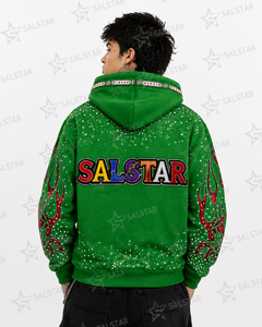 เสื้อฮู้ดดี้ผู้ชายสีเขียวประดับเพชรเทียมลายกราฟิก ซิปหน้า สไตล์สตรีทแวร์ พรีเมียม ปักลายฮิปฮอป แฟชั่น - Product Image 4