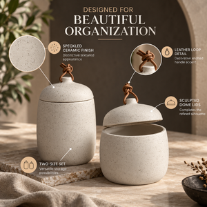 Speckled Ceramic Storage Jars Leather Loop Lids Two Sizes <b>Canister</b> <b>Set</b> | Modern Kitchen Countertop Pantry Organizer Home Storage - Product Image 5