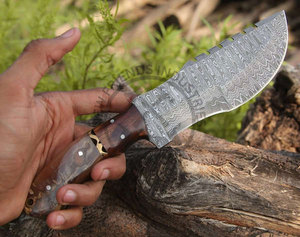 Couteau de chasse Tracker en acier Damas fait main, neuf, avec manche en bois et cor de cerf, lame pleine longueur de 6 pouces, couteau de camping - Product Image 5