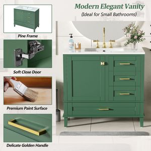 Mueble de Baño Moderno de 36 Pulgadas, Color Verde, con Estructura de Pino Sólido, 1 Puerta con Cierre Suave y 3 Cajones, Serie W - Product Image 5