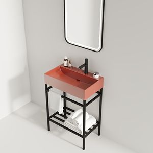 24 \ "Set di vanità da bagno rosso lucido Freestanding Console lavello rettangolare in ceramica rubinetto aperto gambe in metallo - Product Image 2