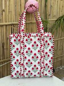 Floral Print Canvas <b>Tote</b> <b>Bag</b> Single Handle Zipper Closure Bohemian Style Shopping <b>Bag</b> All Seasons Red <b>White</b> Pattern 16*18 Cotton - Product Image 3