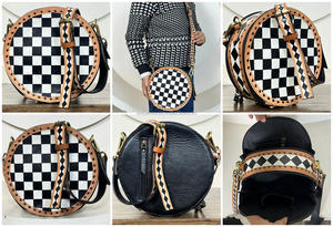 Sac à bandoulière rond en cuir véritable fait main par le fabricant avec motif à carreaux, sac à main de créateur pour femme - Product Image 2