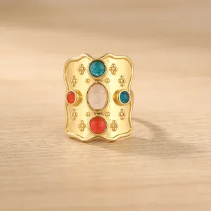 Anillo de Piedras Preciosas con Baño de Oro de 18K, Colorido y Brillante, Joyería de Moda Auténtica, Anillos Ajustables con Geometría Rectangular Minimalista - Product Image 6