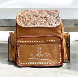 Bohemian Genuine <b>Leather</b> <b>Backpack</b> with Floral Embossing and Zipper Closure Multi-Functional All Seasons Men's <b>Backpack</b> - Product Image 1