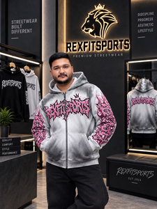 REXFITSPORTS 2026 Sweat à capuche gris personnalisé entièrement zippé, motif graffiti, streetwear, en molleton, imprimé rose, vente en gros - Product Image 5