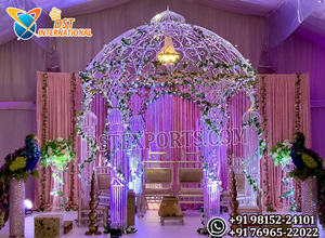 Impresionante Mandap de Boda con Cristales de Fibra de Diamante, Elegantes Pilares de Celosía Blancos, Decoración de Escenario, Moderno Mandap Redondo Indio, Set para Reino Unido - Product Image 5