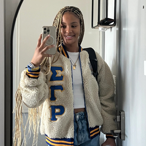 Sigma Gamma Rho <b>Sherpa</b> Bomber Jacket Warm Fleece Varsity Style Zip-Up Outerwear Casual Winter Jacket Ribbed Collar Cuffs Custom - Product Image 4
