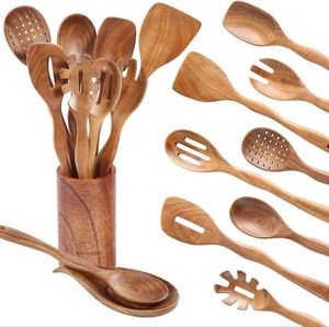 Juego de cucharas de madera de teca premium con espátula, cuchara para servir, volteador y cuchara para mezclar, utensilios de cocina. - Product Image 4