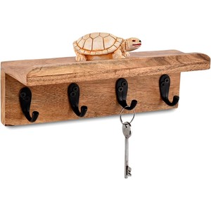 Acacia <b>Wood</b> Key Holder with Metal Hooks - Handcrafted Reclaimed Finish Wholesale - Product Image 1