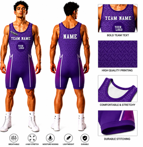 Custom Purple Wrestling <b>Singlet</b> Men Fitted One-Piece Digital Print 200gsm Polyester Breathable Moisture Wicking Durable Wear - Product Image 1