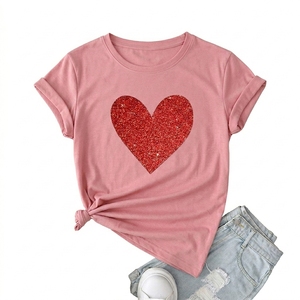High Quality Women's Eco-Friendly Custom Logo Slim Fit Casual T-Shirts 100% Cotton Fashionable <b>Red</b> <b>Glitter</b> Heart Graphic Shirt - Product Image 2
